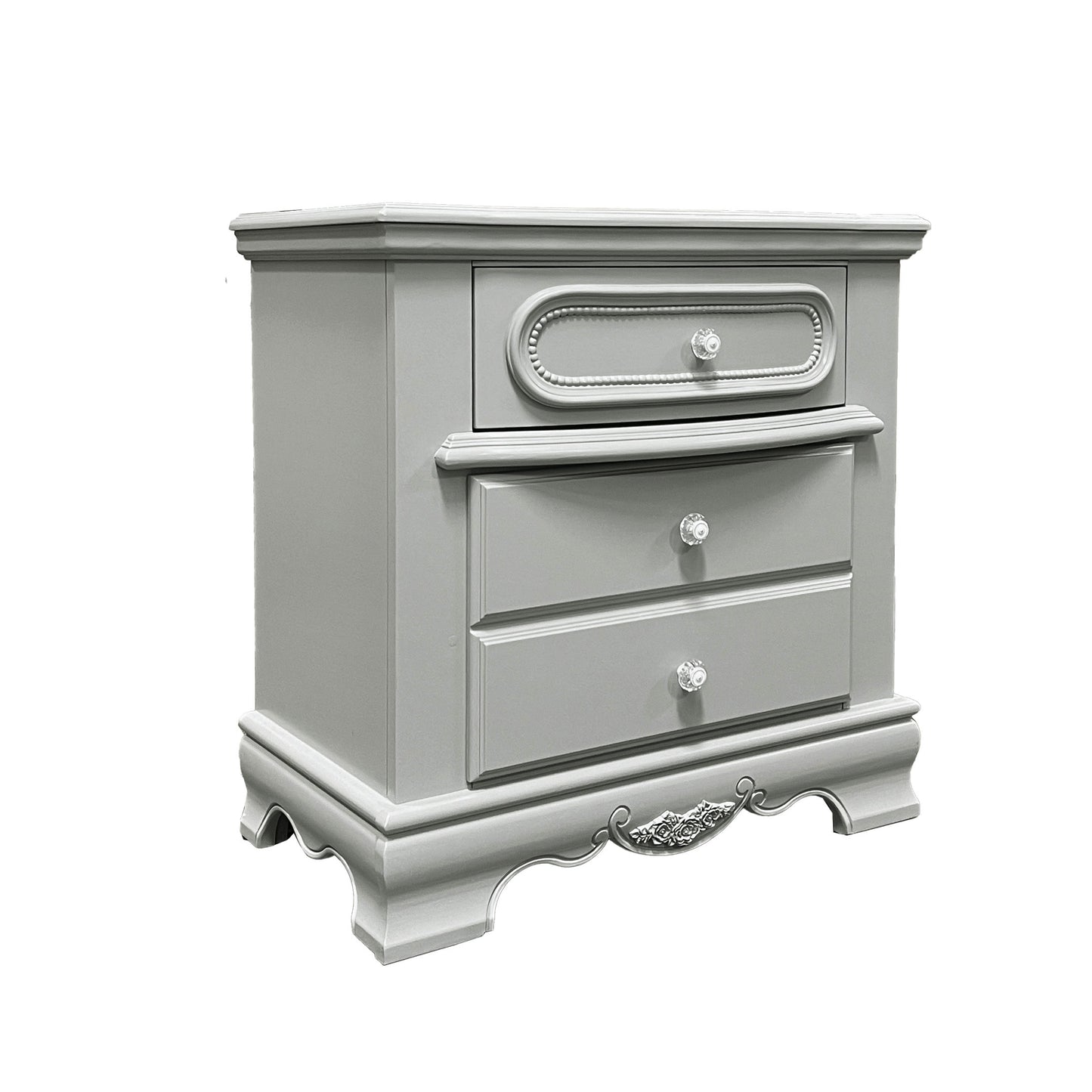 Elegant gray nightstand with three drawers and crystal knobs perfect for bedrooms