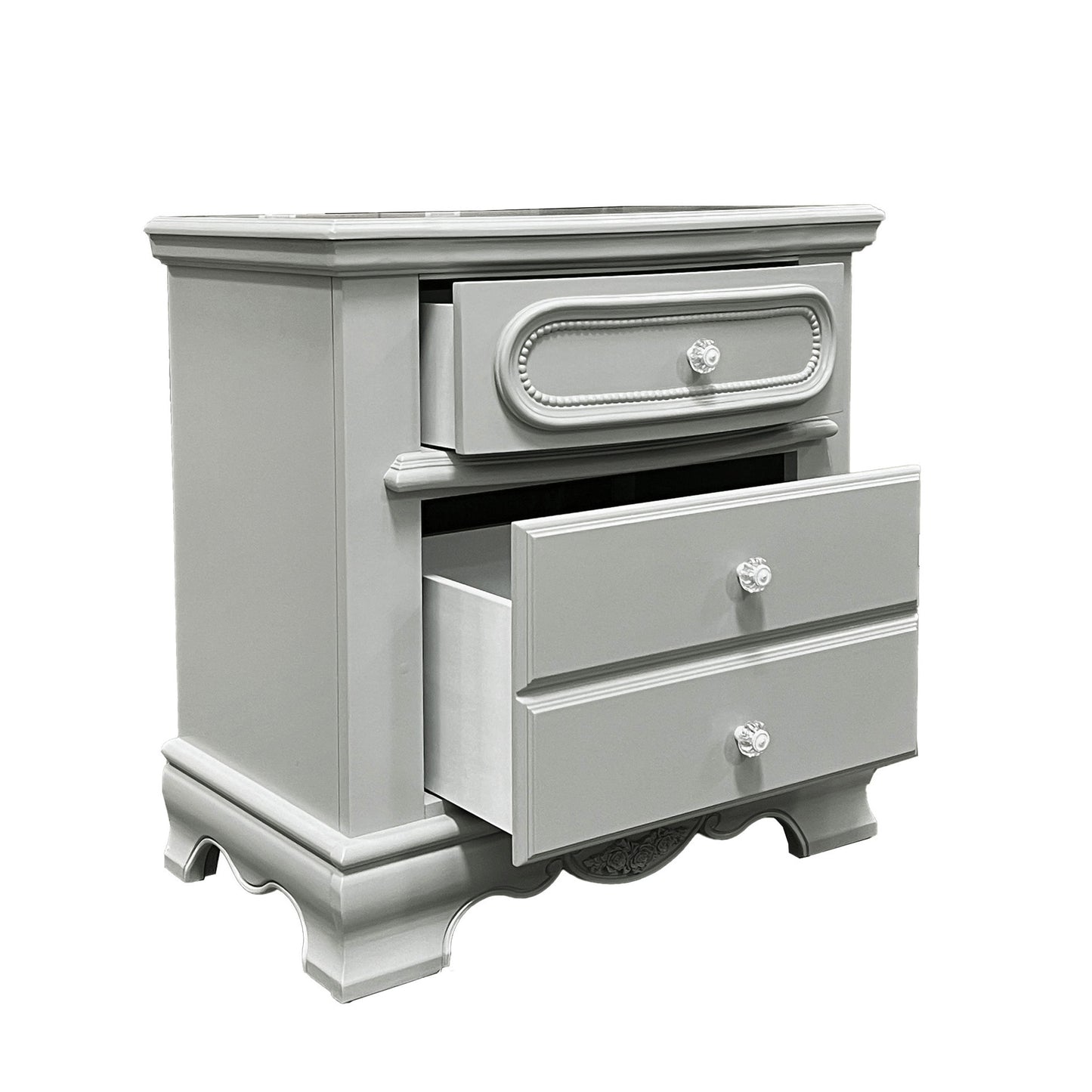 Gray traditional nightstand with three drawers and ornate crystal knobs