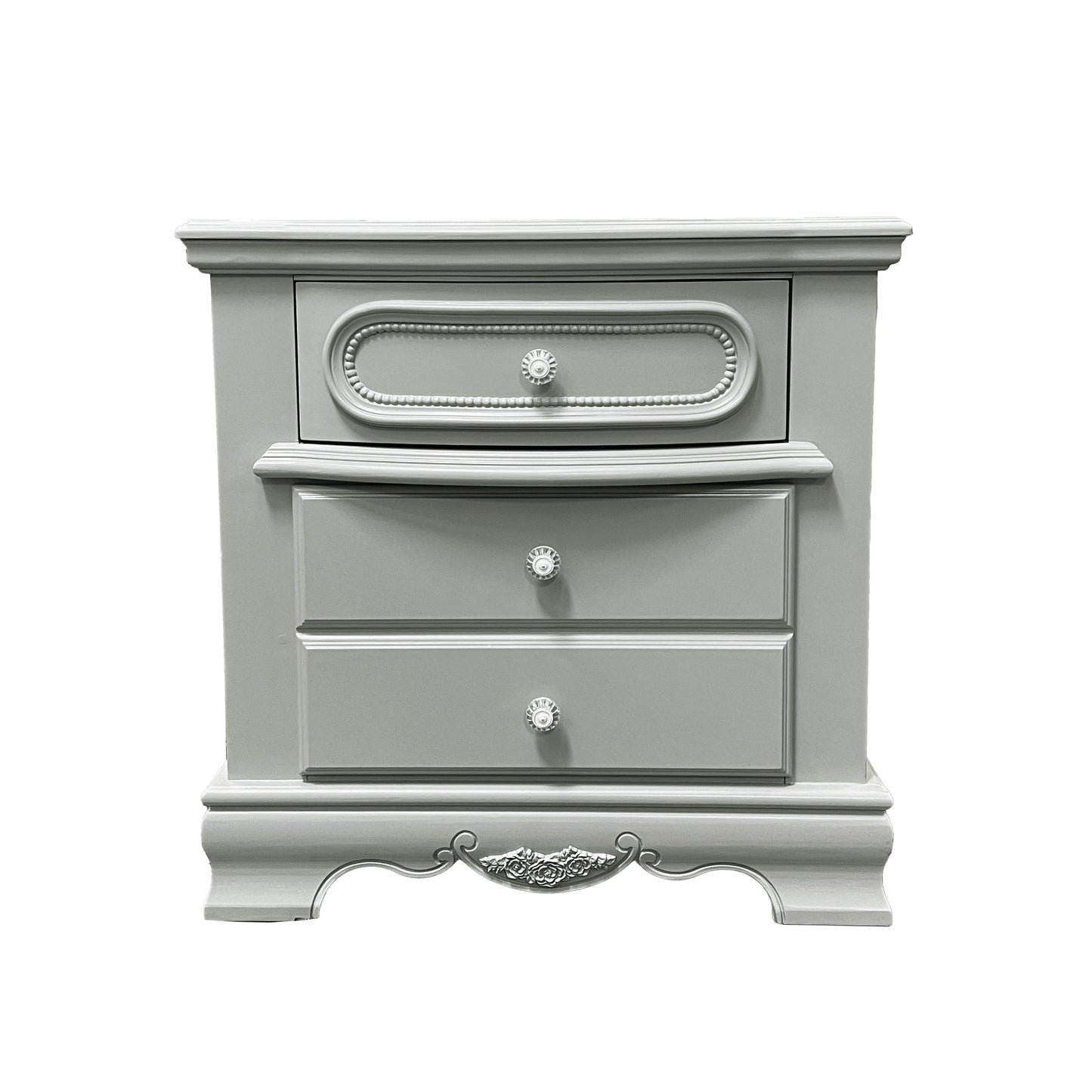 Grey vintage nightstand with three drawers and ornate hardware