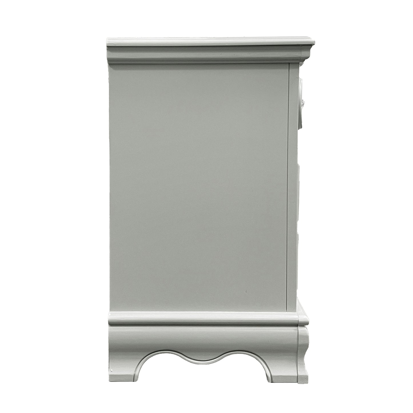 Gray bedside cabinet with decorative trim and curved legs