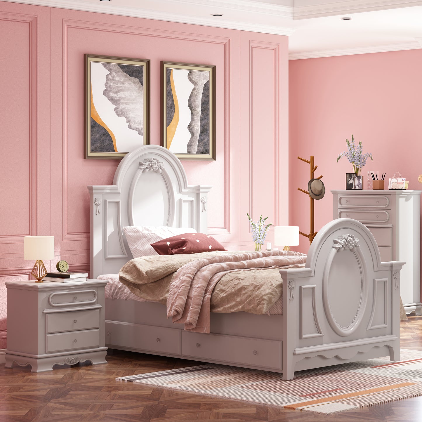 White wood queen bed frame with carved floral accents and integrated storage drawers