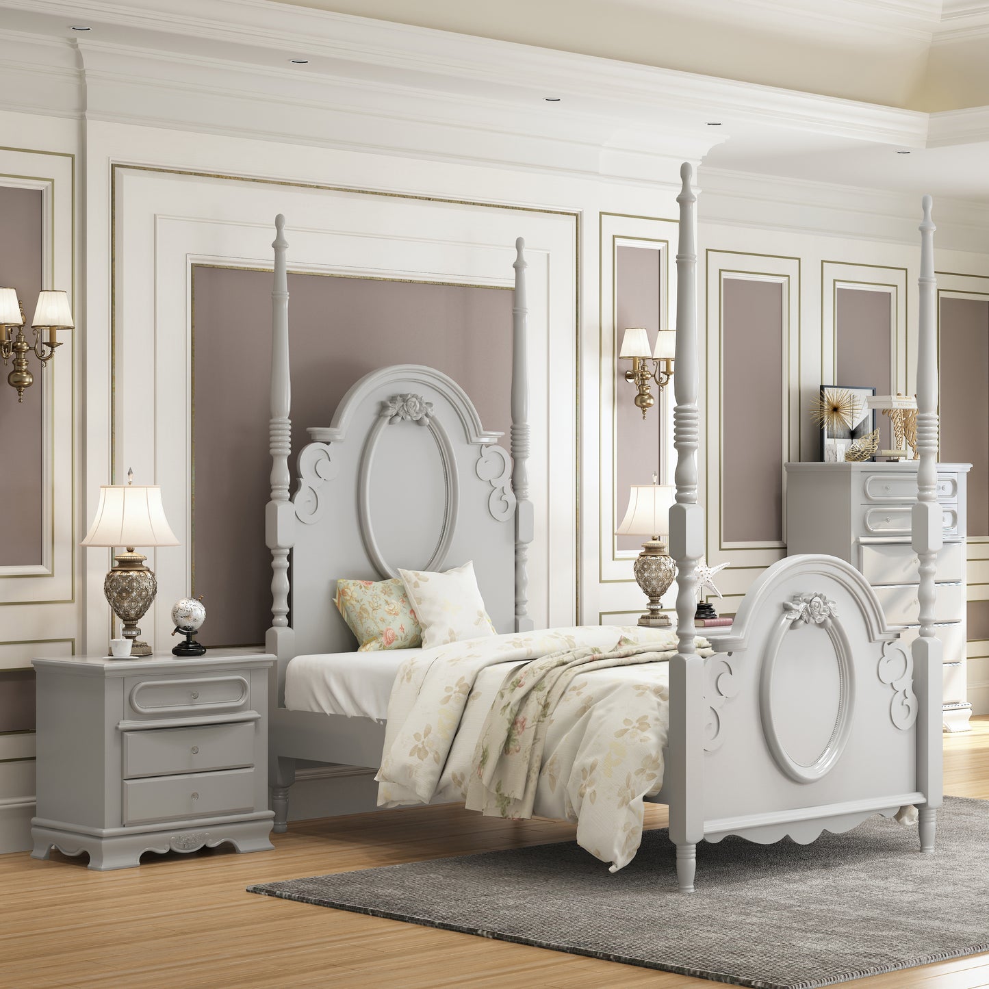 Elegant grey fourposter bed with floral bedding and ornate headboard detail for a luxurious bedroom