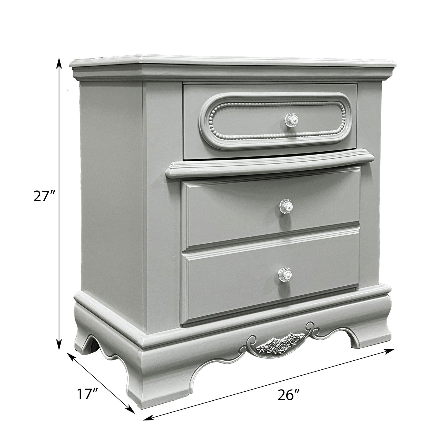 Gray wooden nightstand with three drawers and crystal knobs xx