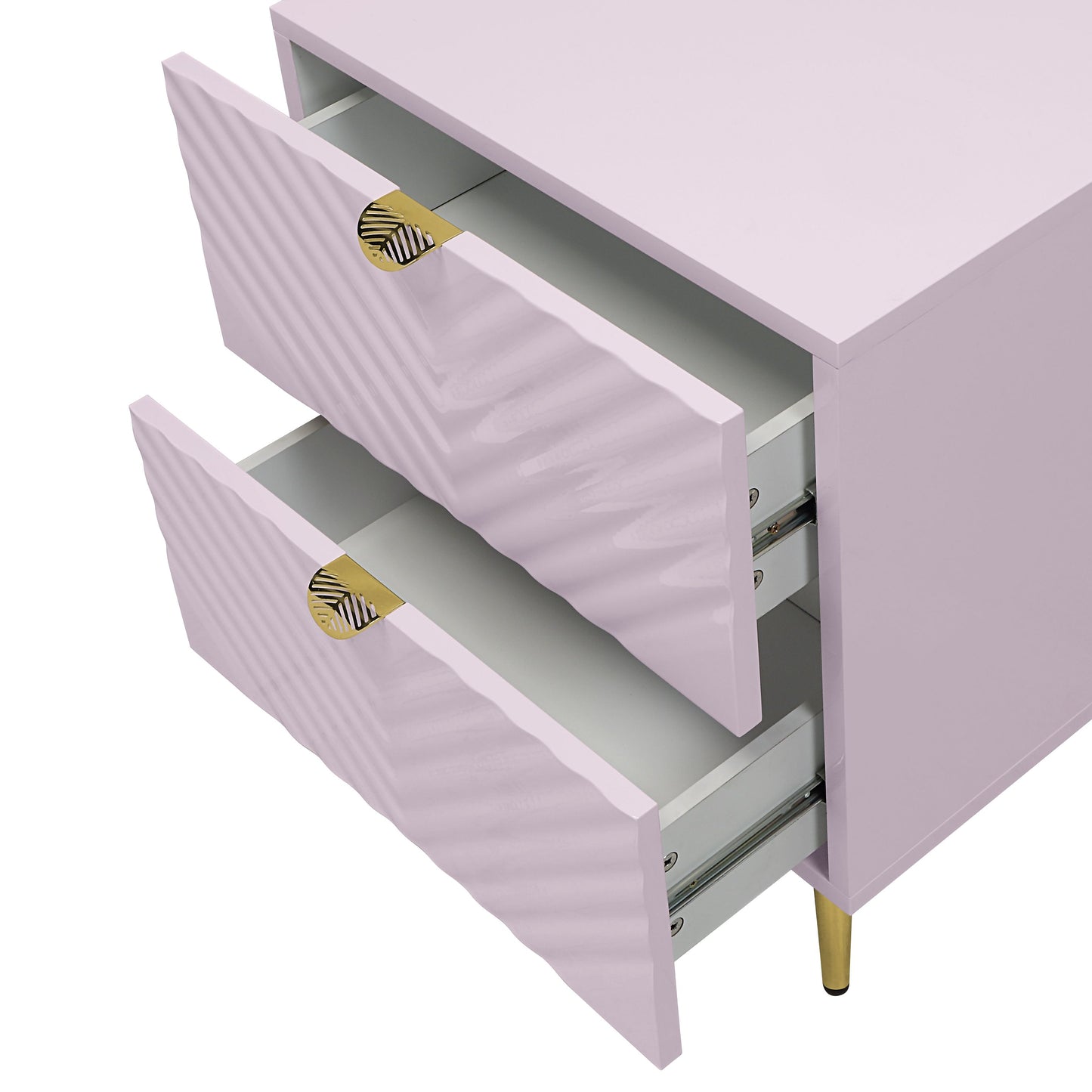 Lilac nightstand with two drawers featuring wavy fronts and gold leafshaped pulls