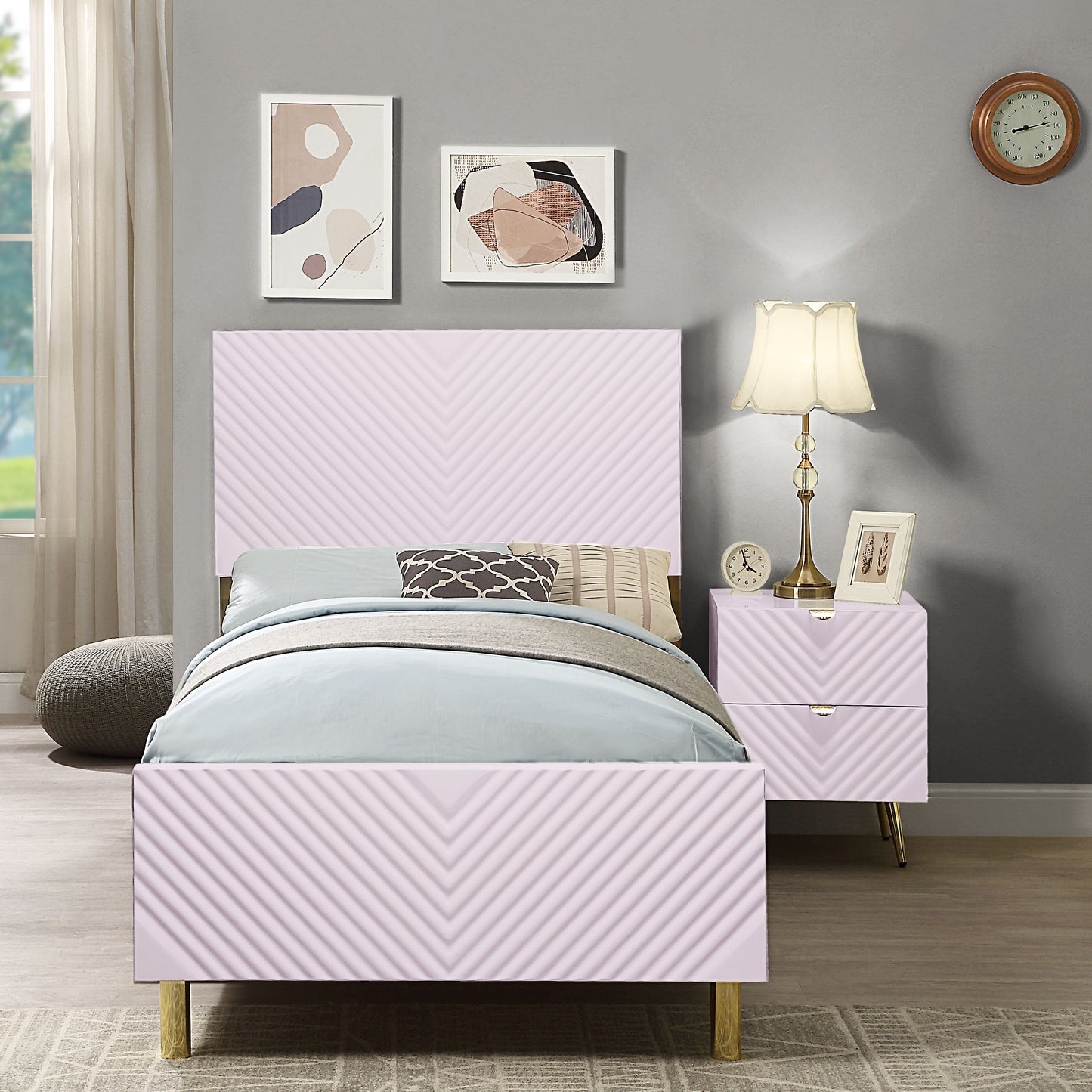 Lavender chevron upholstered twin bed with gold legs and matching nightstand