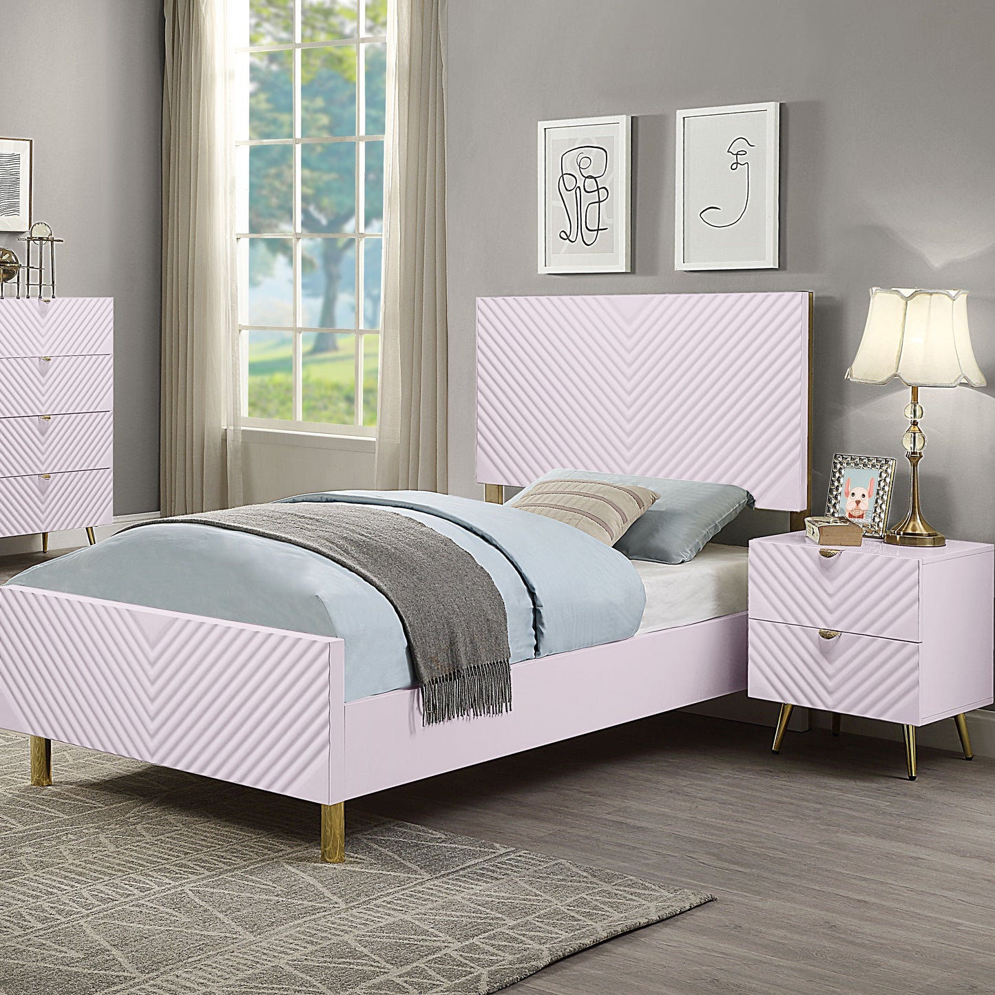 Light pink twin bed frame with chevron pattern gold legs and upholstered headboard
