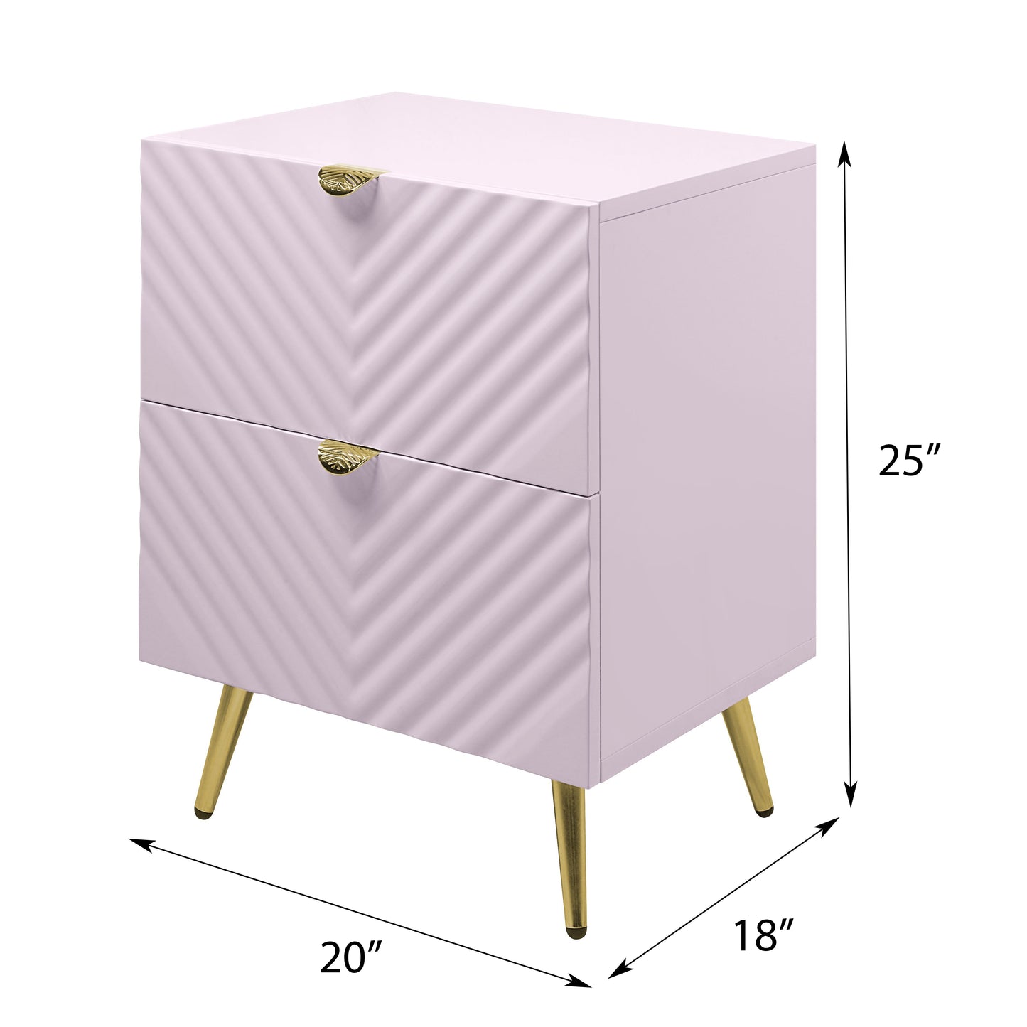 Light purple twodrawer nightstand with chevron textured drawers and gold tapered legs