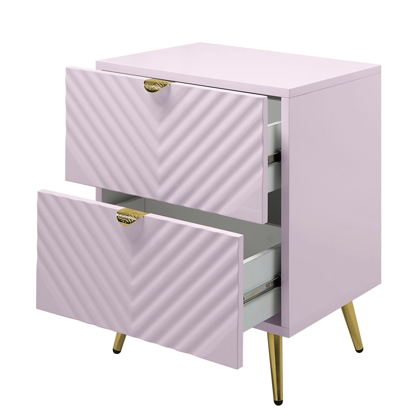 Lilac twodrawer nightstand with fluted drawer fronts and gold leaf handles