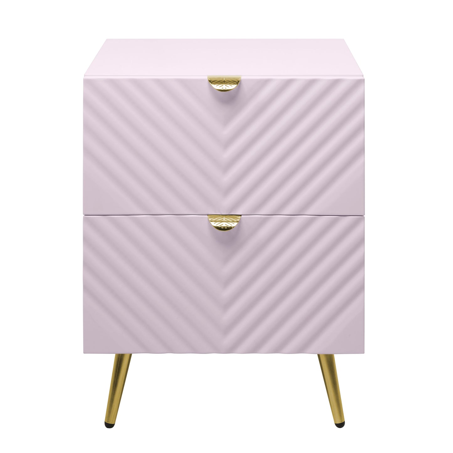 Lavender twodrawer nightstand with chevron texture and gold leaf pulls on gold legs