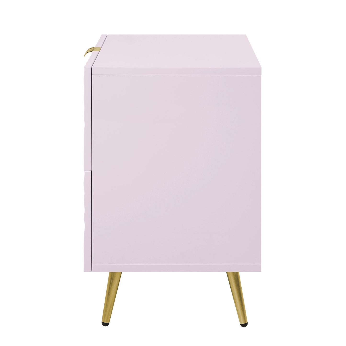 Pale pink nightstand with gold legs and a decorative pull