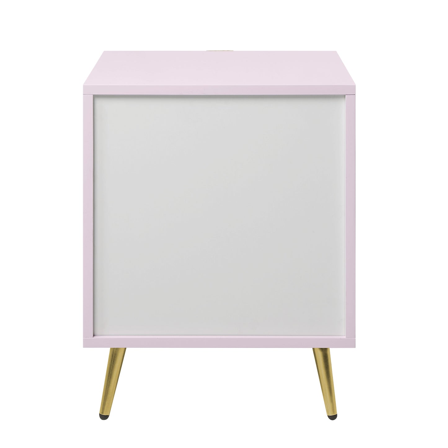 A light pink bedside table with a white drawer front and gold tapered legs
