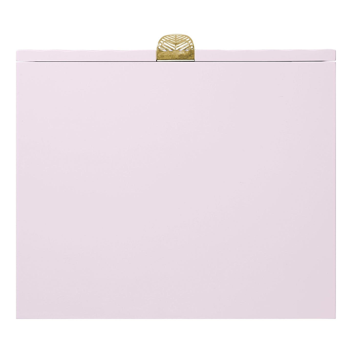 Pastel pink jewelry box with ornate gold leaf clasp for precious items
