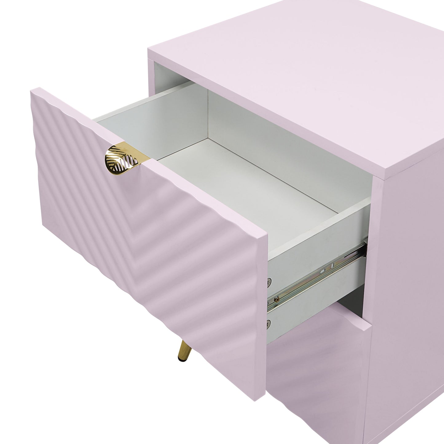 Pale pink dresser with wavy drawer front and gold leaf pull modern accent table