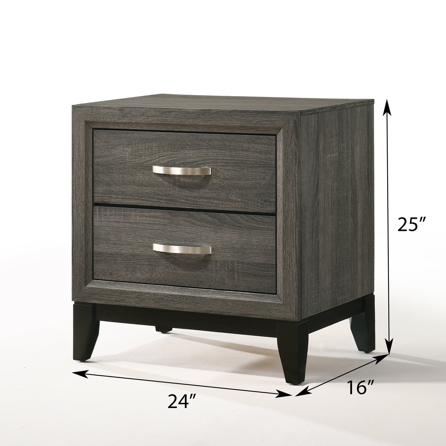 Dark gray wood finish nightstand with two drawers and silver handles