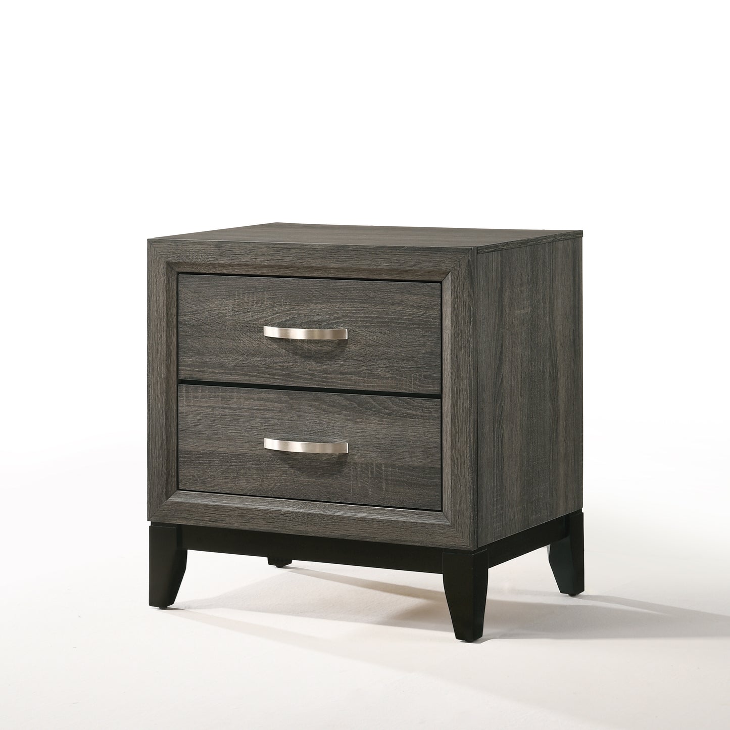 Dark grey wood finish nightstand with two silver pull drawers