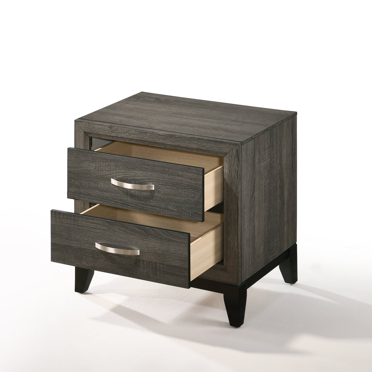 Dark gray wood grain nightstand with two open drawers and silver handles