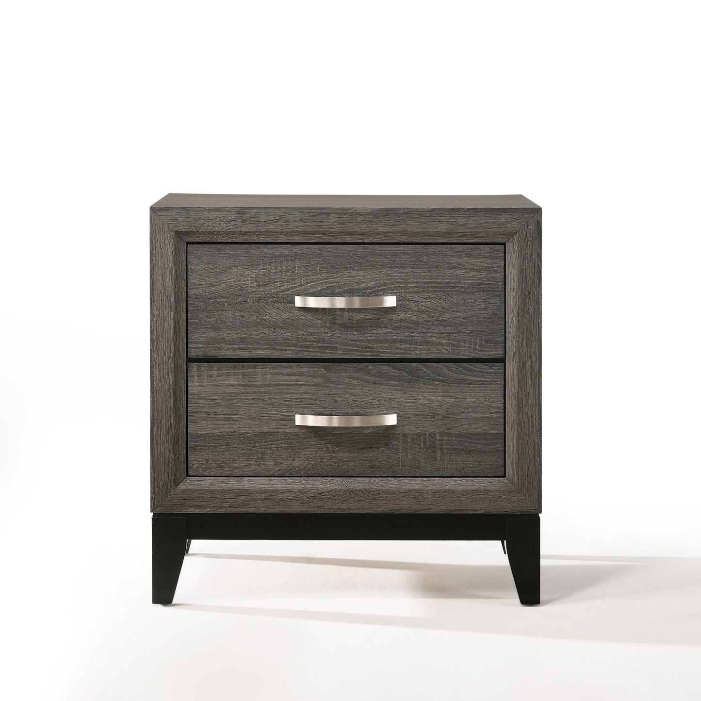 Grey wood grain nightstand with two drawers and brushed nickel pulls