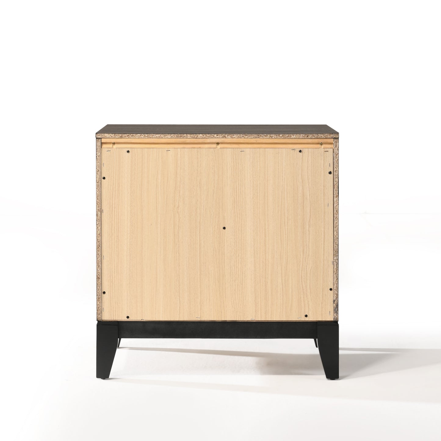 Back view of a modern nightstand with particleboard construction and black metal legs