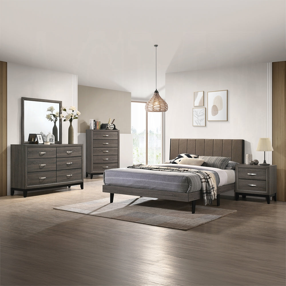 Dark gray modern bedroom set with upholstered headboard dresser and nightstand