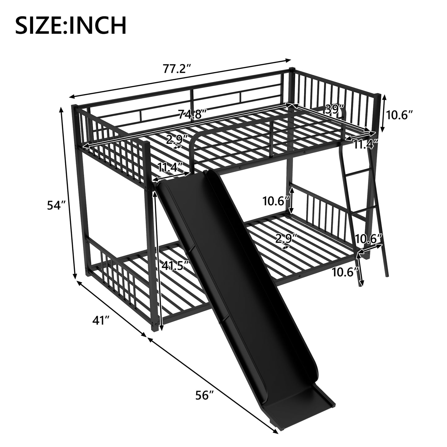Black metal twin over twin bunk bed with integrated slide and ladder