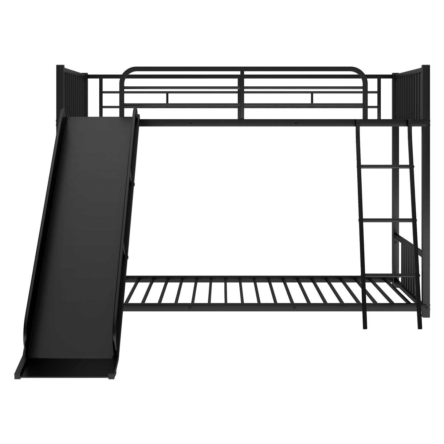 Black metal twin over twin bunk bed with integrated slide and ladder