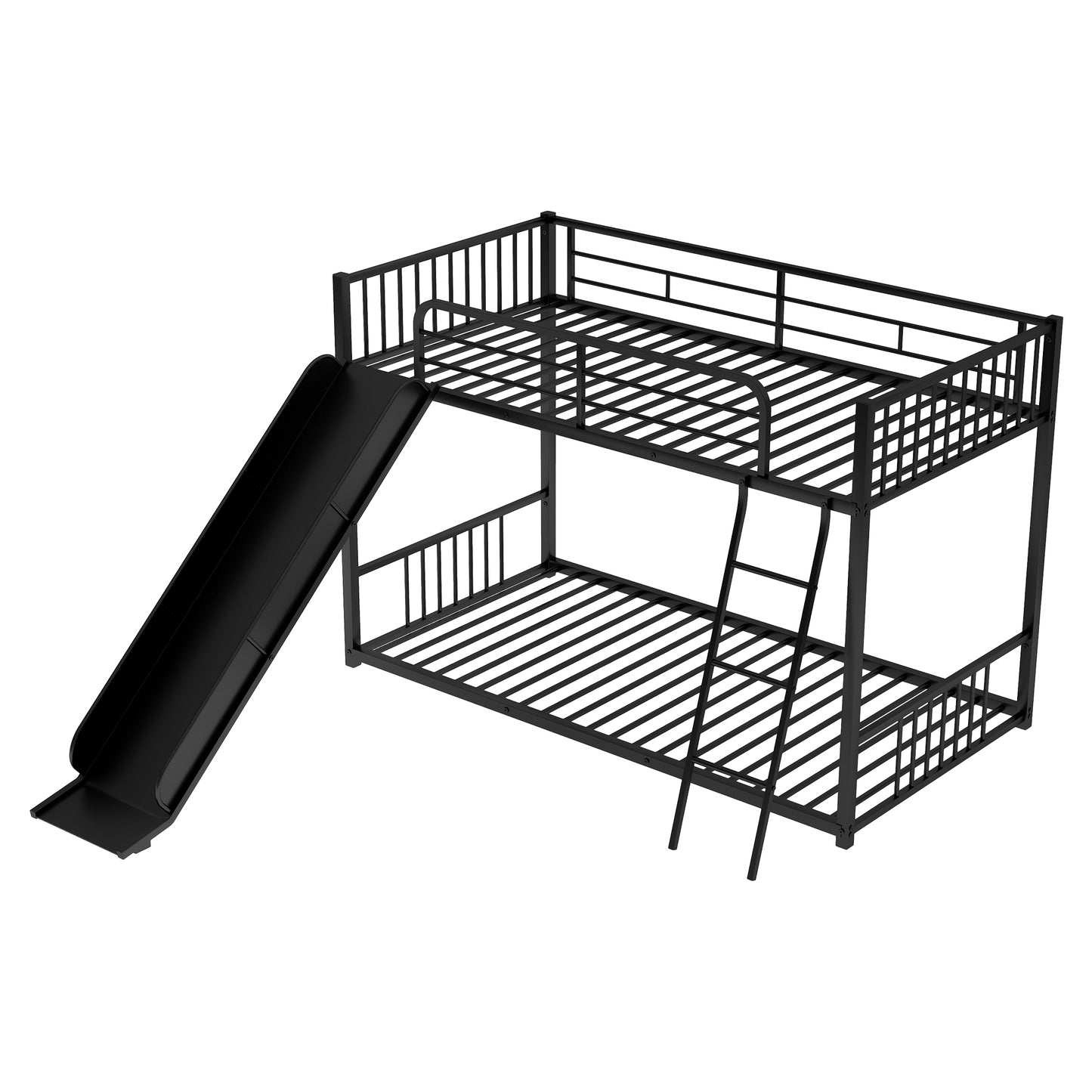 Black metal twin over twin bunk bed with slide and ladder