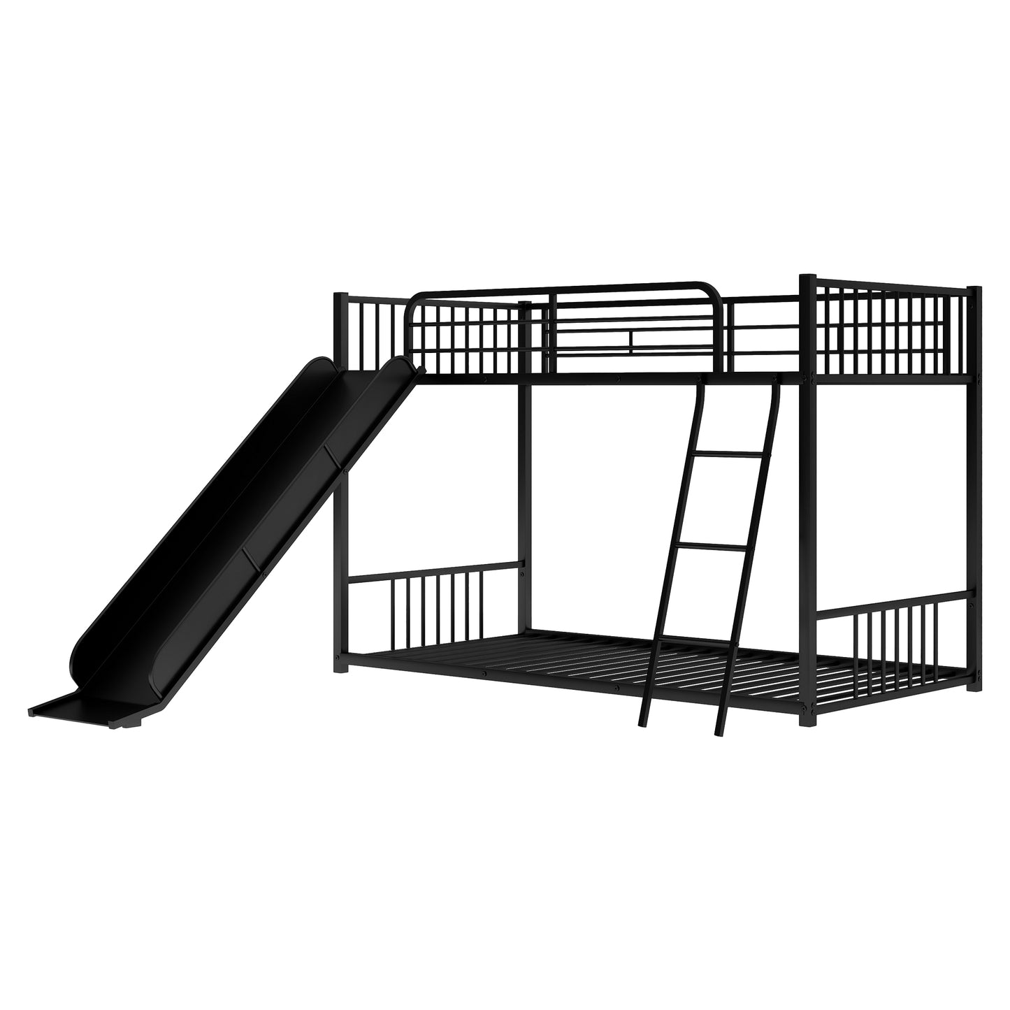 Black metal twin over twin bunk bed with slide and ladder