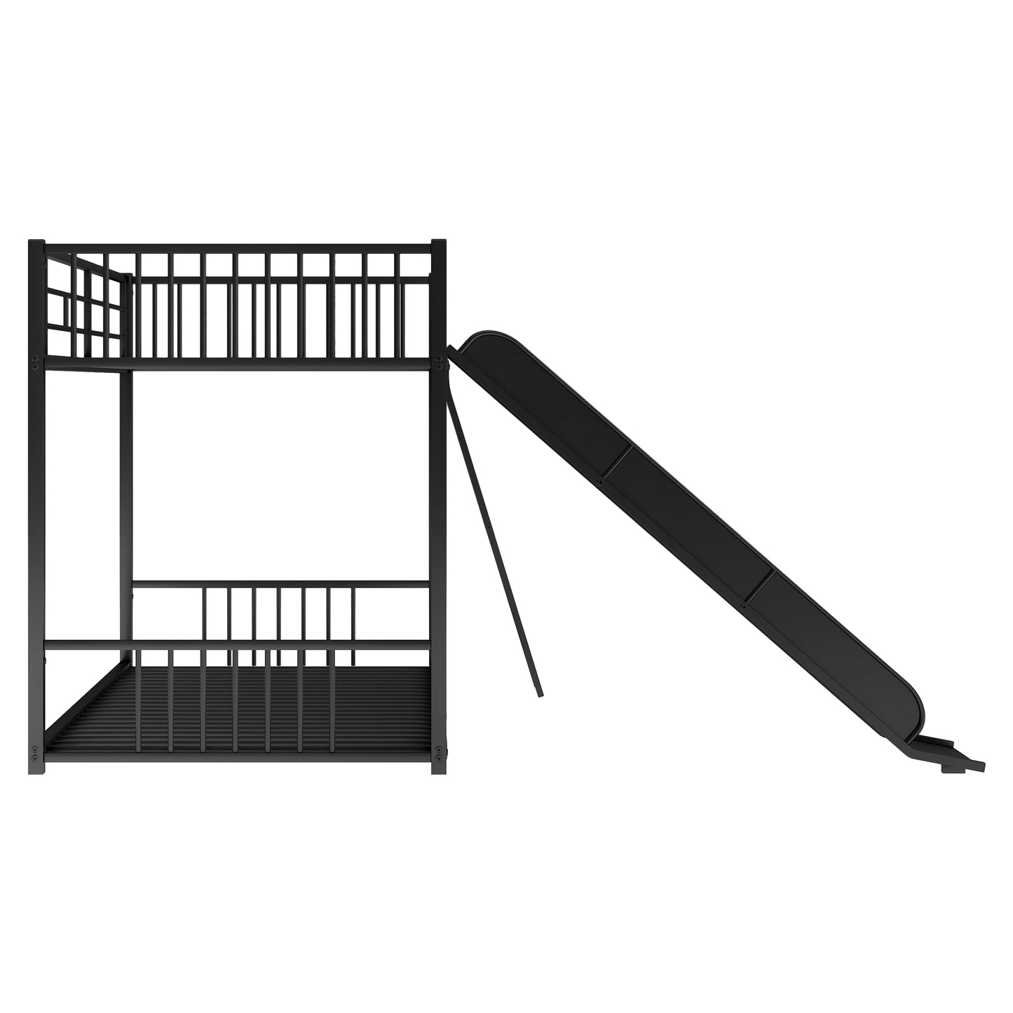 Black metal twin over twin bunk bed with a slide perfect for kids rooms