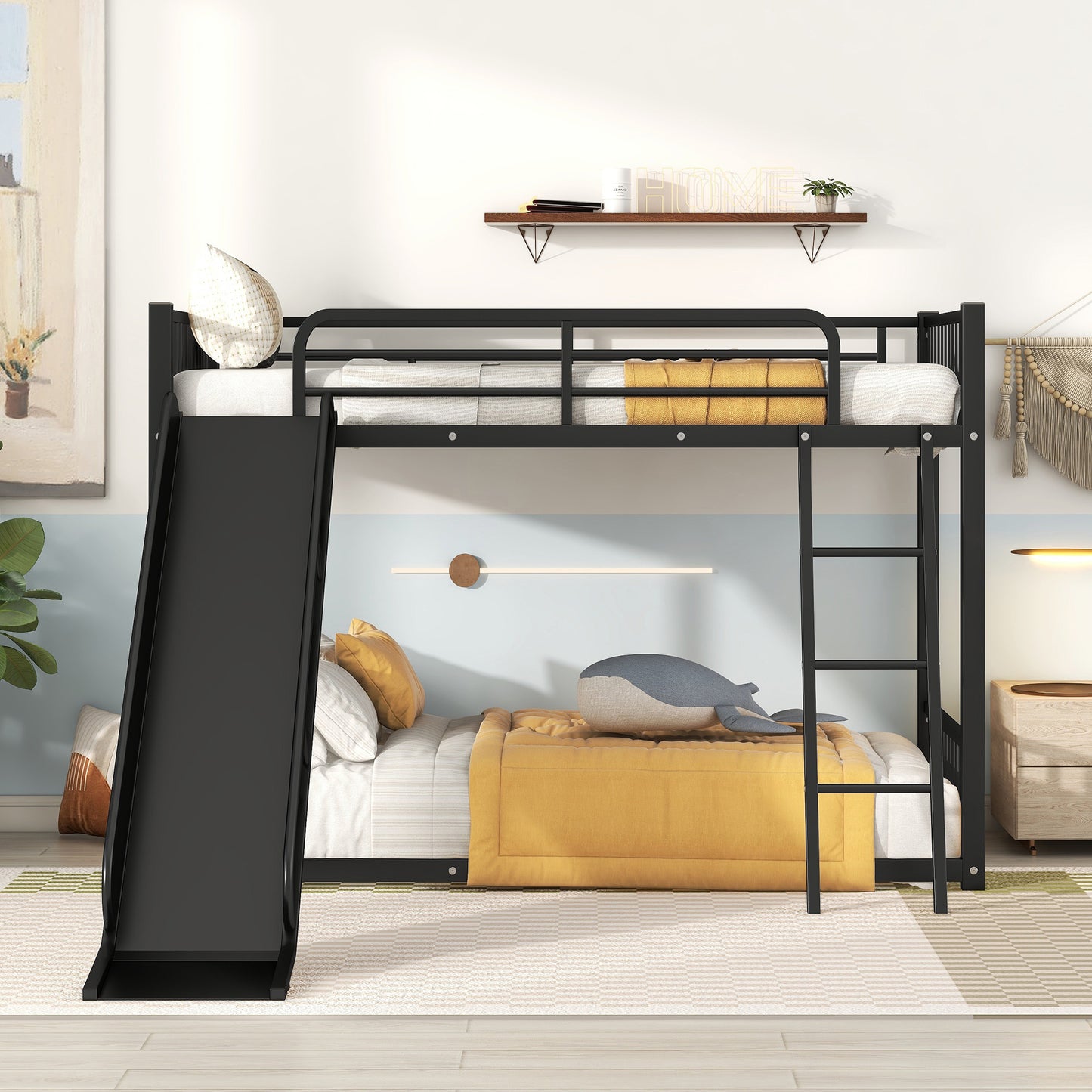 Black metal twin over twin bunk bed with slide and ladder