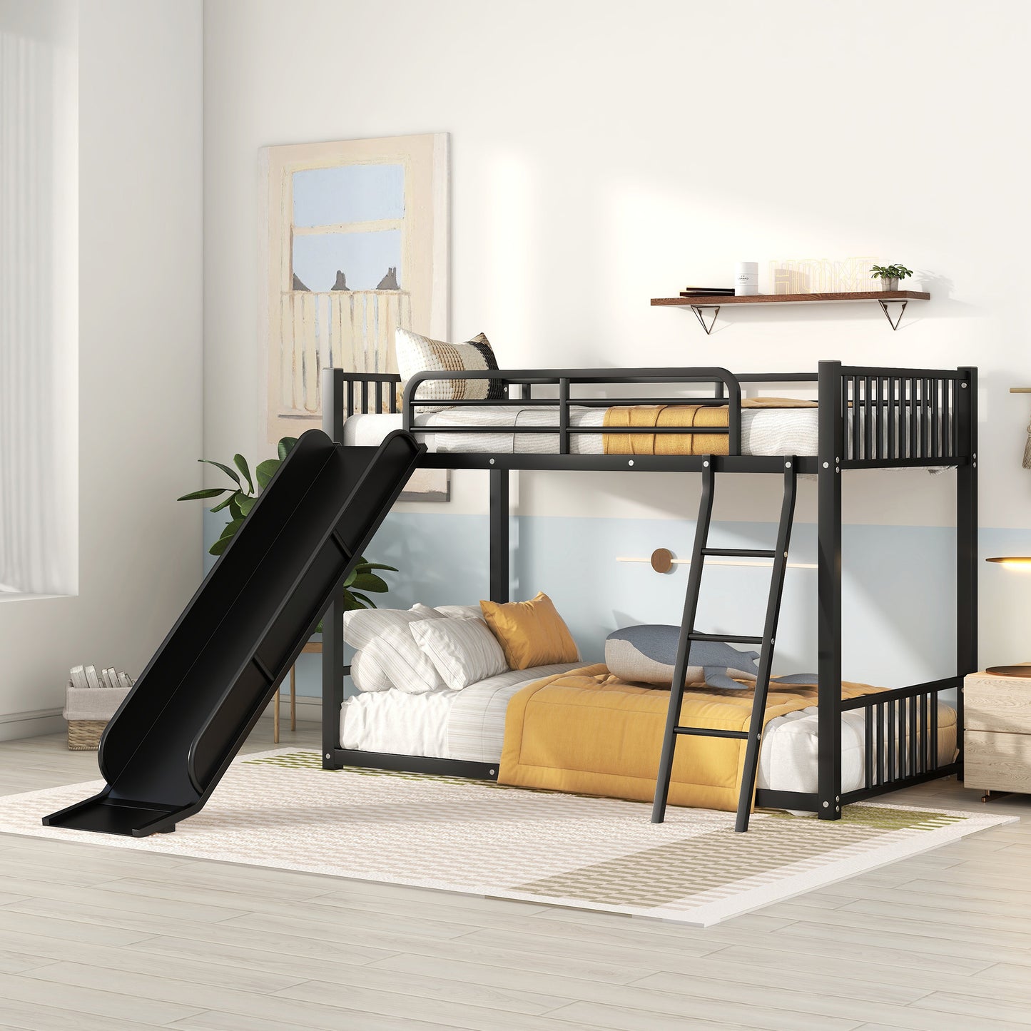 Black metal twin over twin bunk bed with slide and ladder