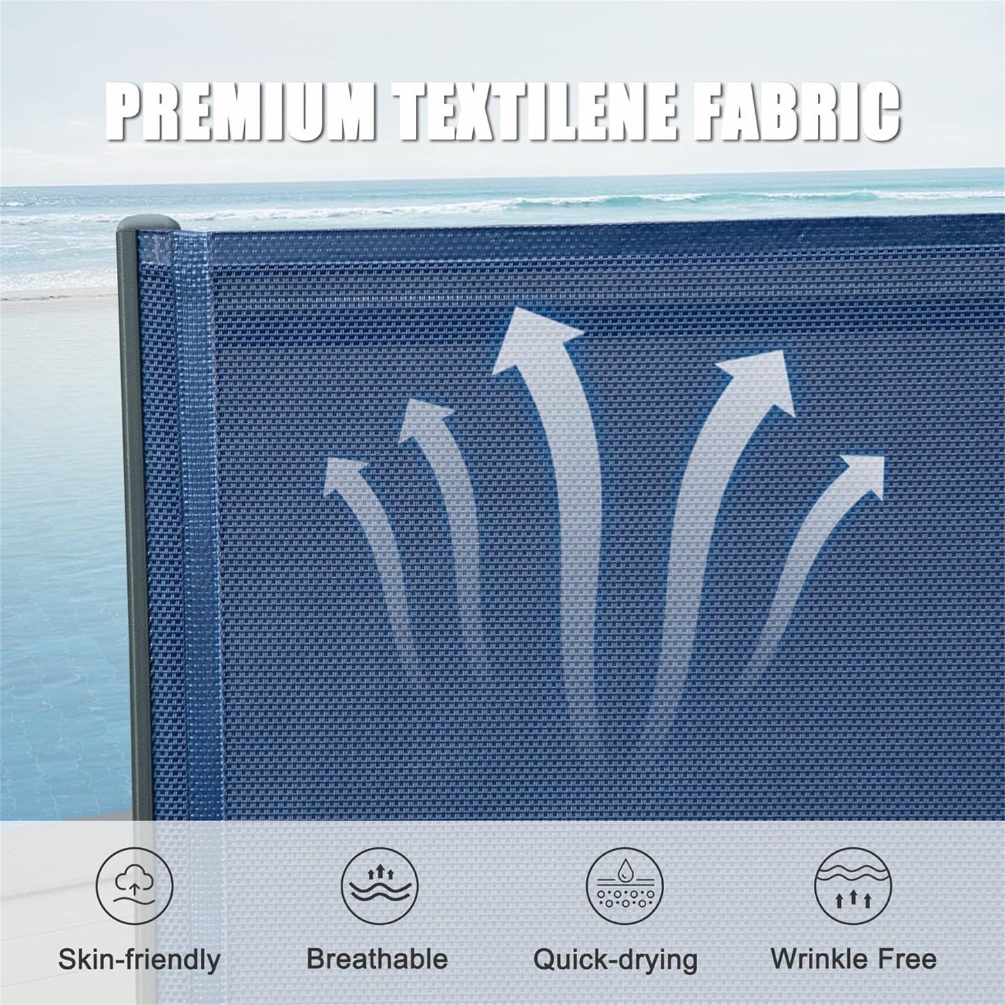 Close up of blue premium textilene fabric with white arrows indicating breathability
