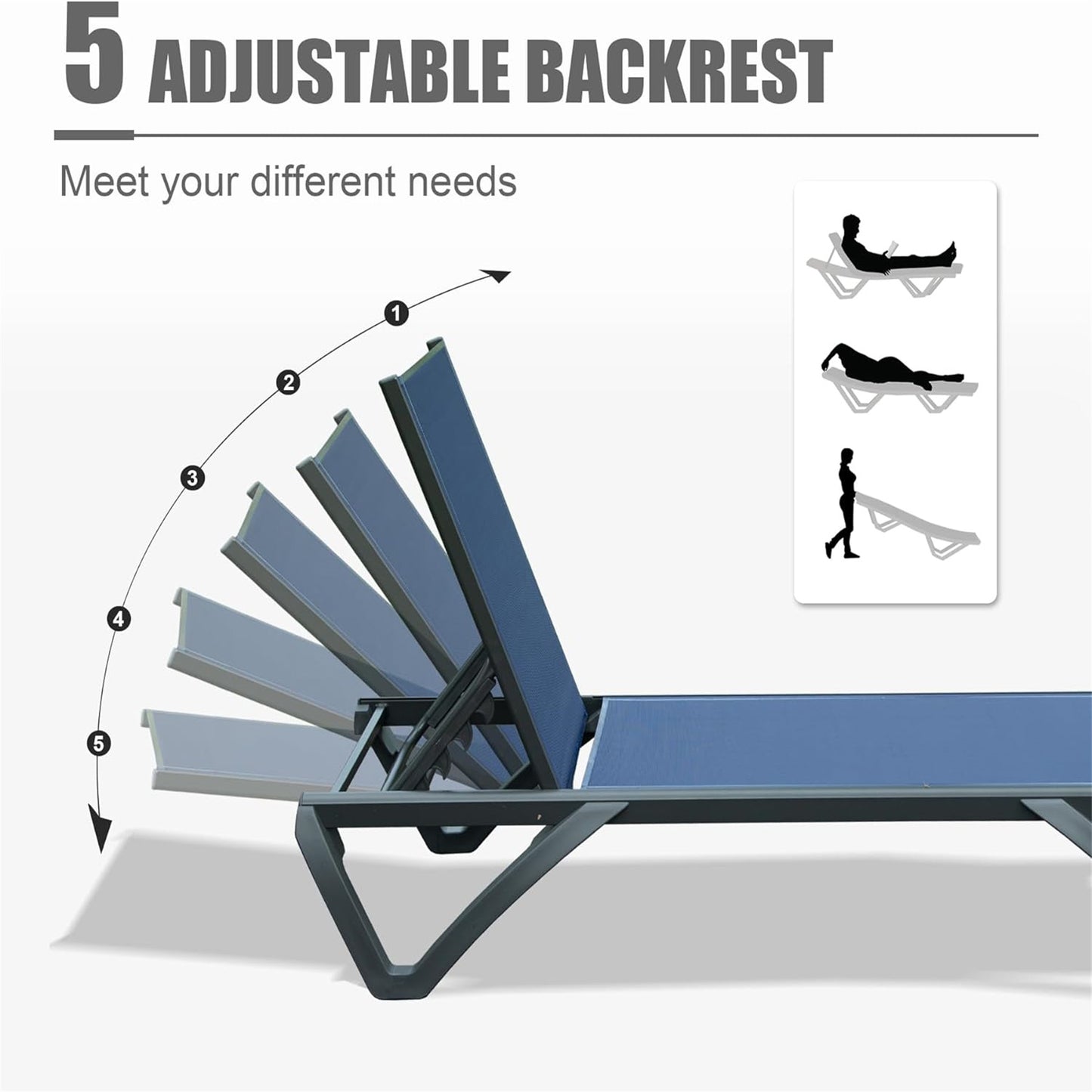 Blue adjustable backrest chaise lounge chair with dark grey frame for outdoor relaxation