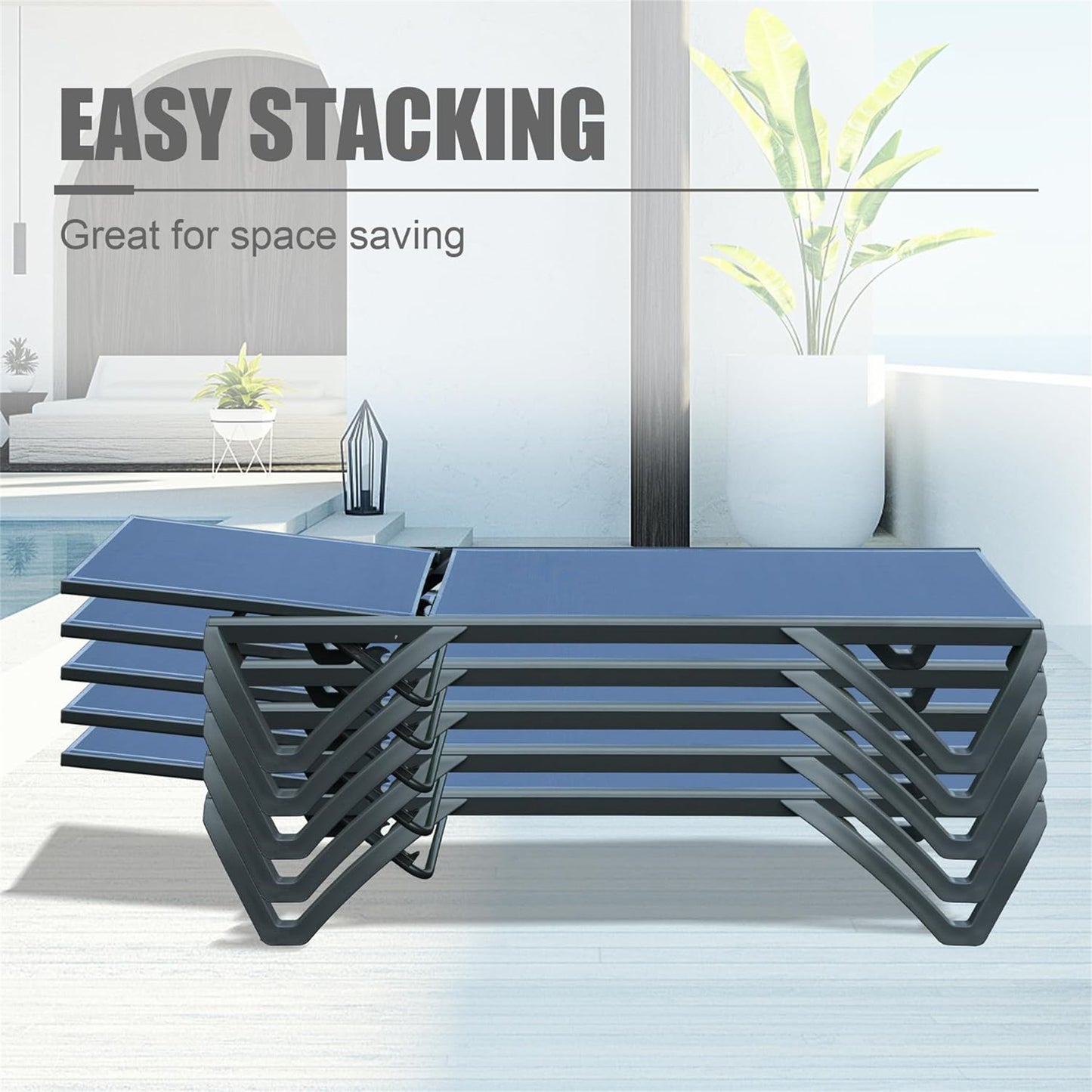 Stackable dark blue glass top chaise lounges with black metal frames