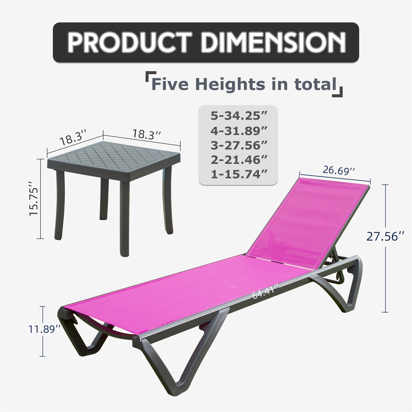 Pink adjustable chaise lounge with black frame and gray side table dimensions displayed