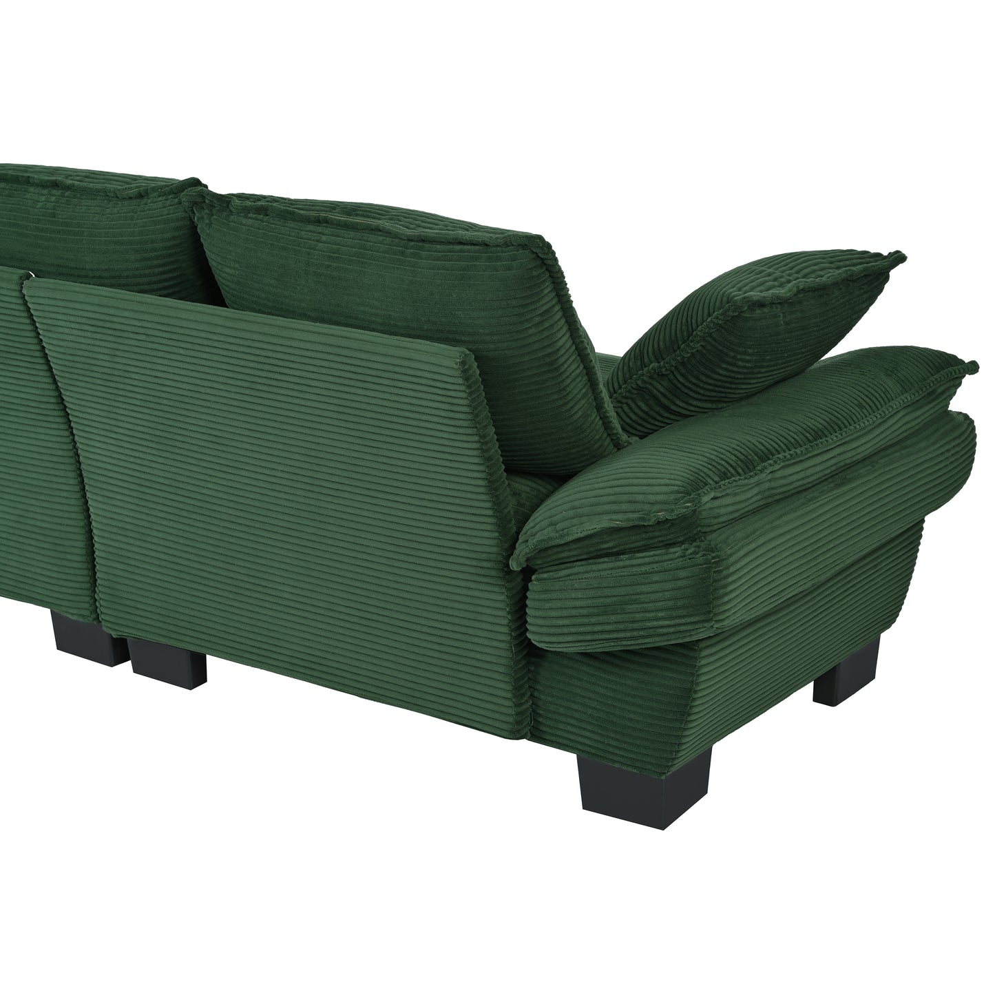 Deep green corduroy sofa with plush cushions and modern black legs perfect for living room comfort