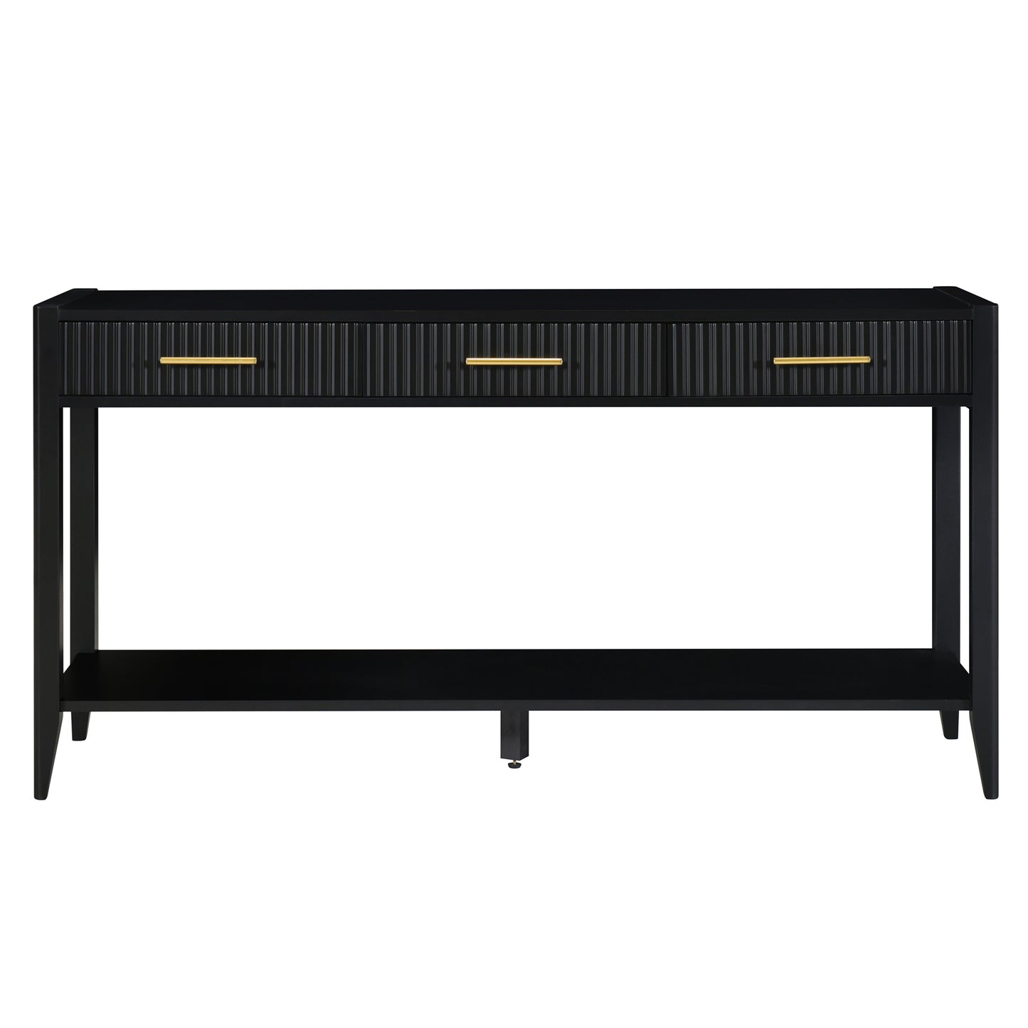 Black fluted console table with gold drawer pulls and lower shelf