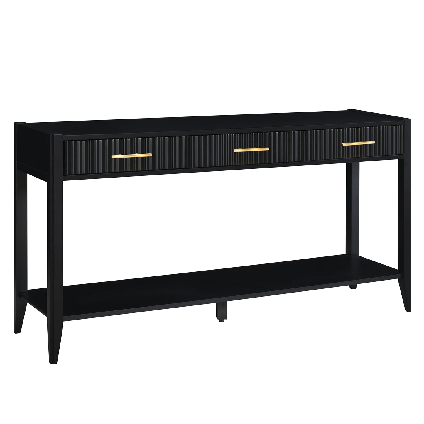 Black fluted console table with three gold bar pulls and lower shelf