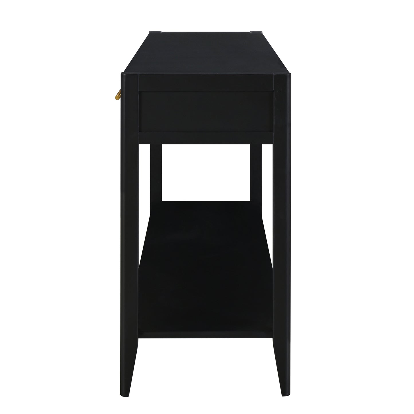 Black wooden console table with a single drawer and open lower shelf