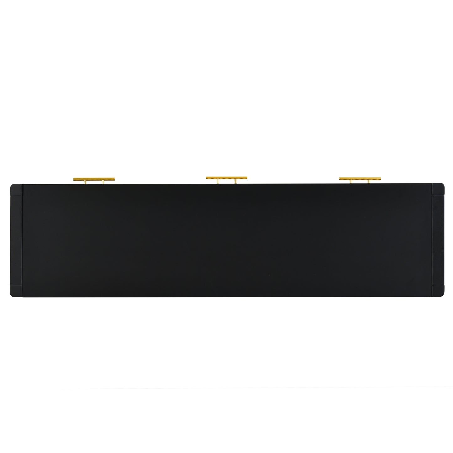 Black metal media console with gold drawer pulls
