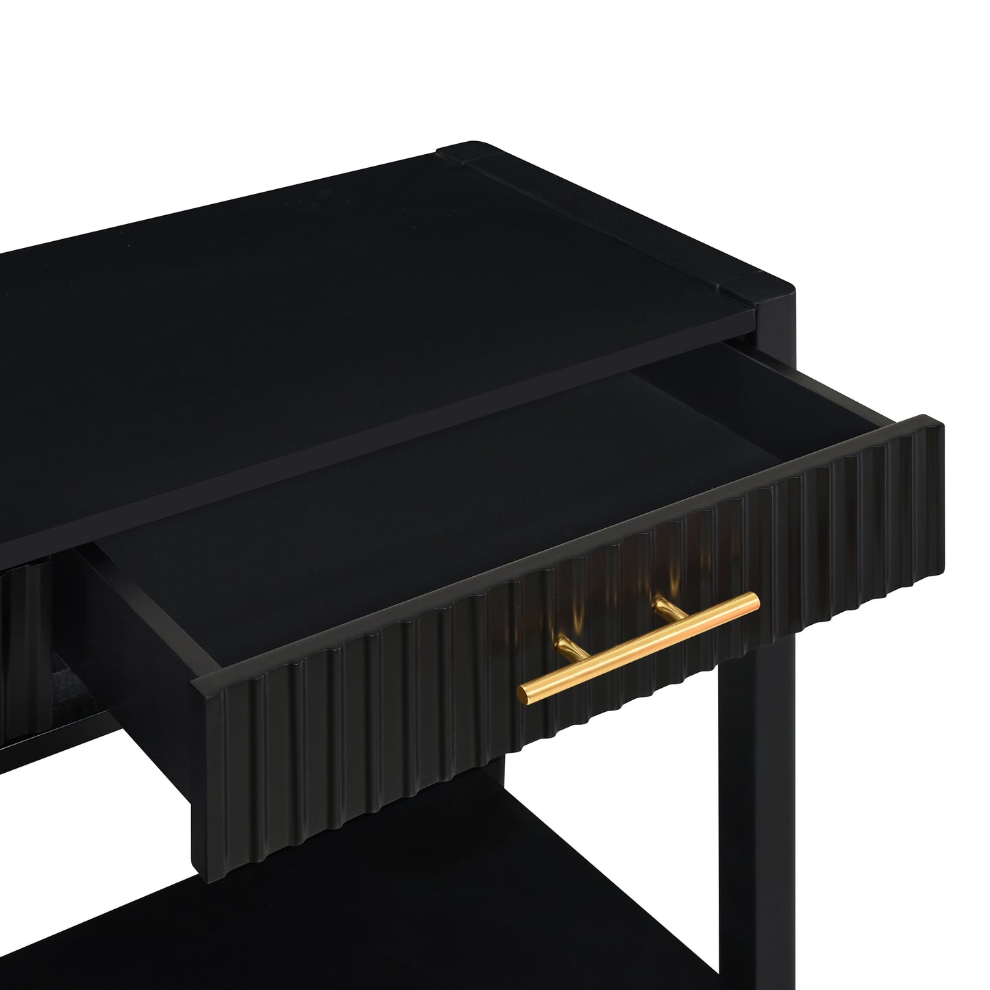 Black bedside table with fluted drawer and gold handle