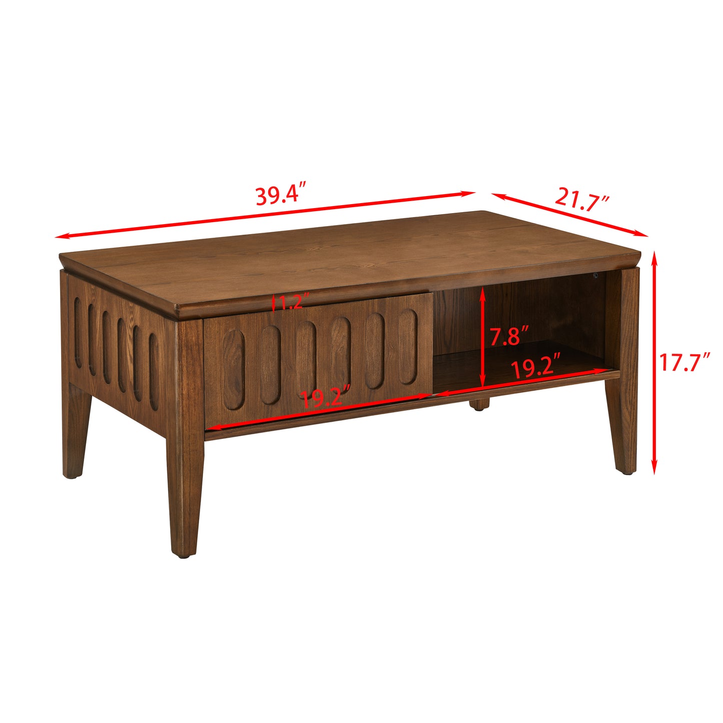 Rich brown wood coffee table with carved side details and open storage shelf