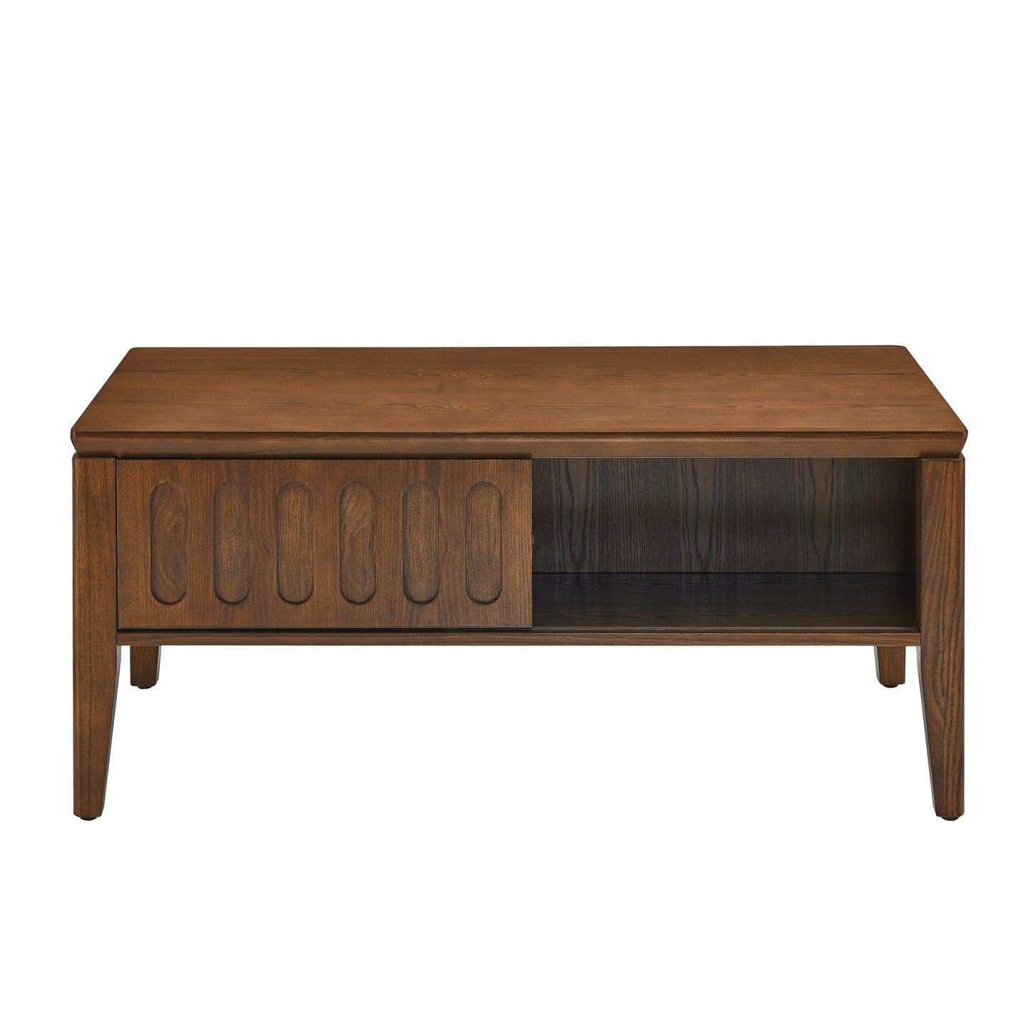 Midcentury modern coffee table in rich walnut wood with carved detailing and open shelf storage
