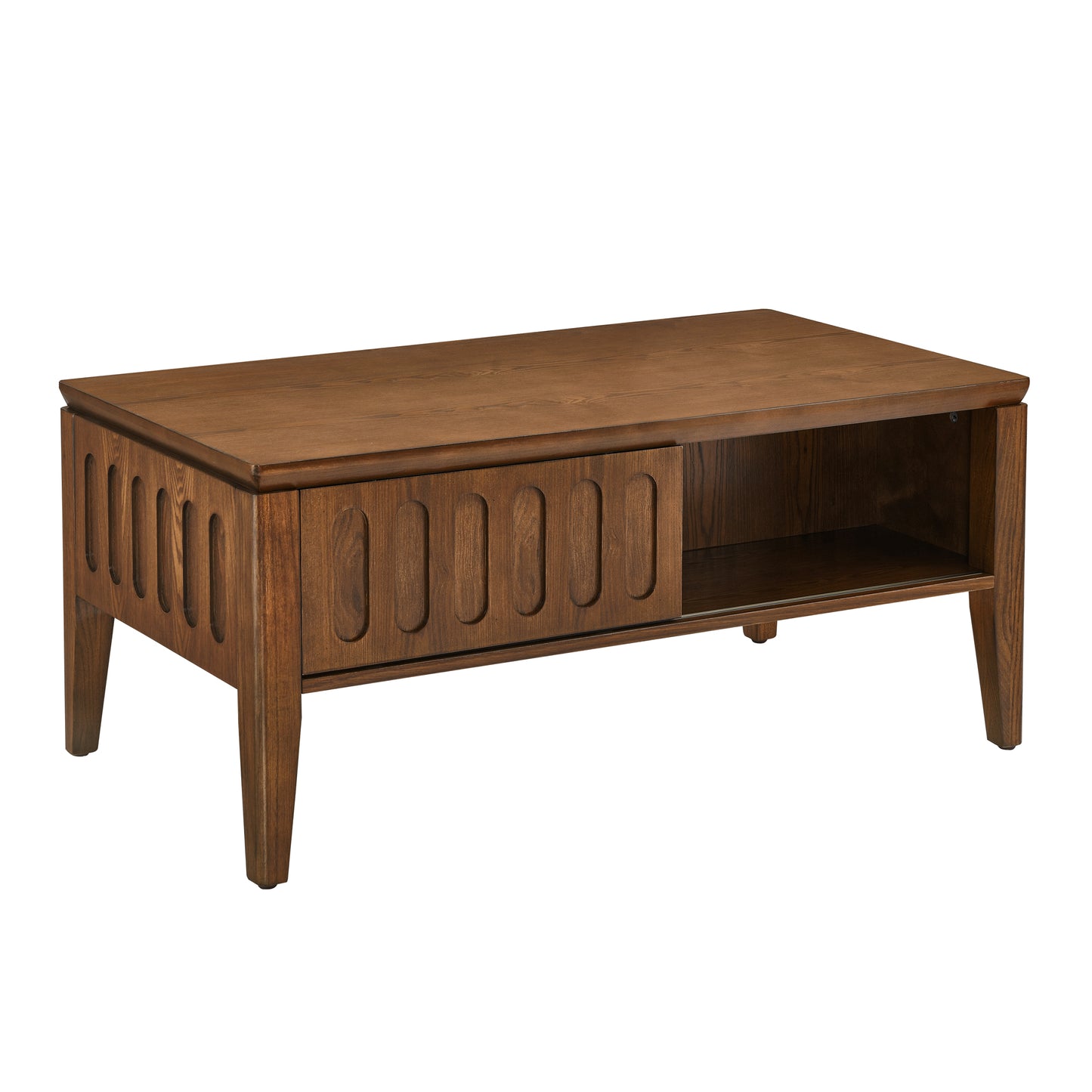 Midcentury modern coffee table in rich walnut wood with carved panel detail