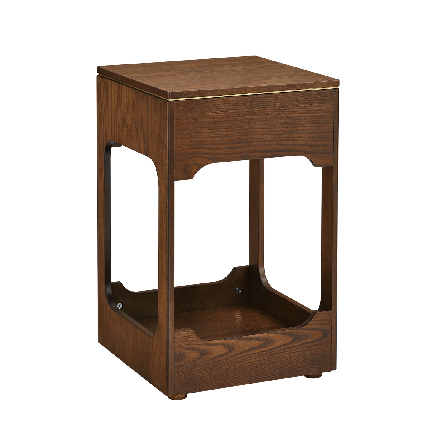 Rich brown wooden end table with brass accent detail and open shelf