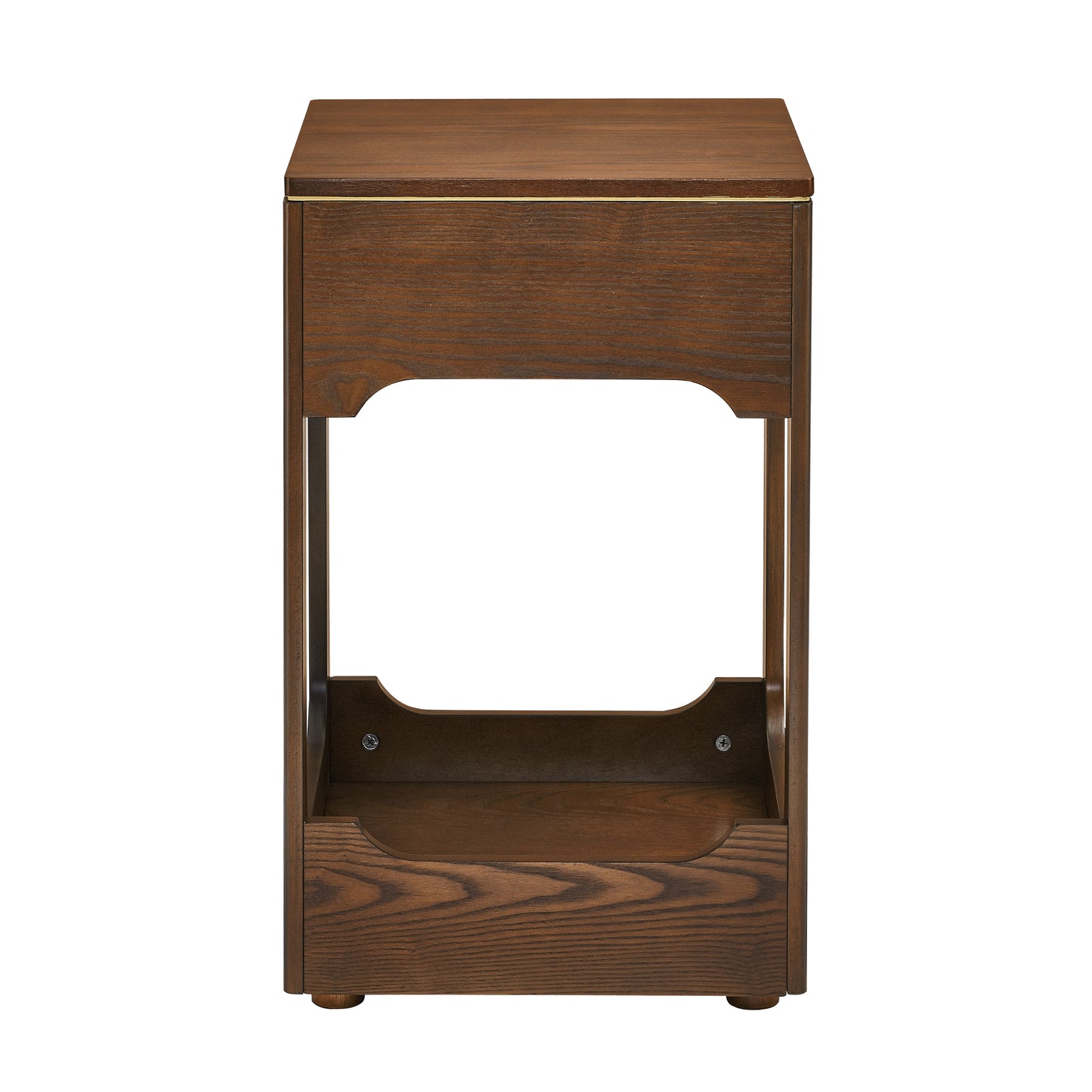 Dark brown wooden side table with open shelf and brass accent strip