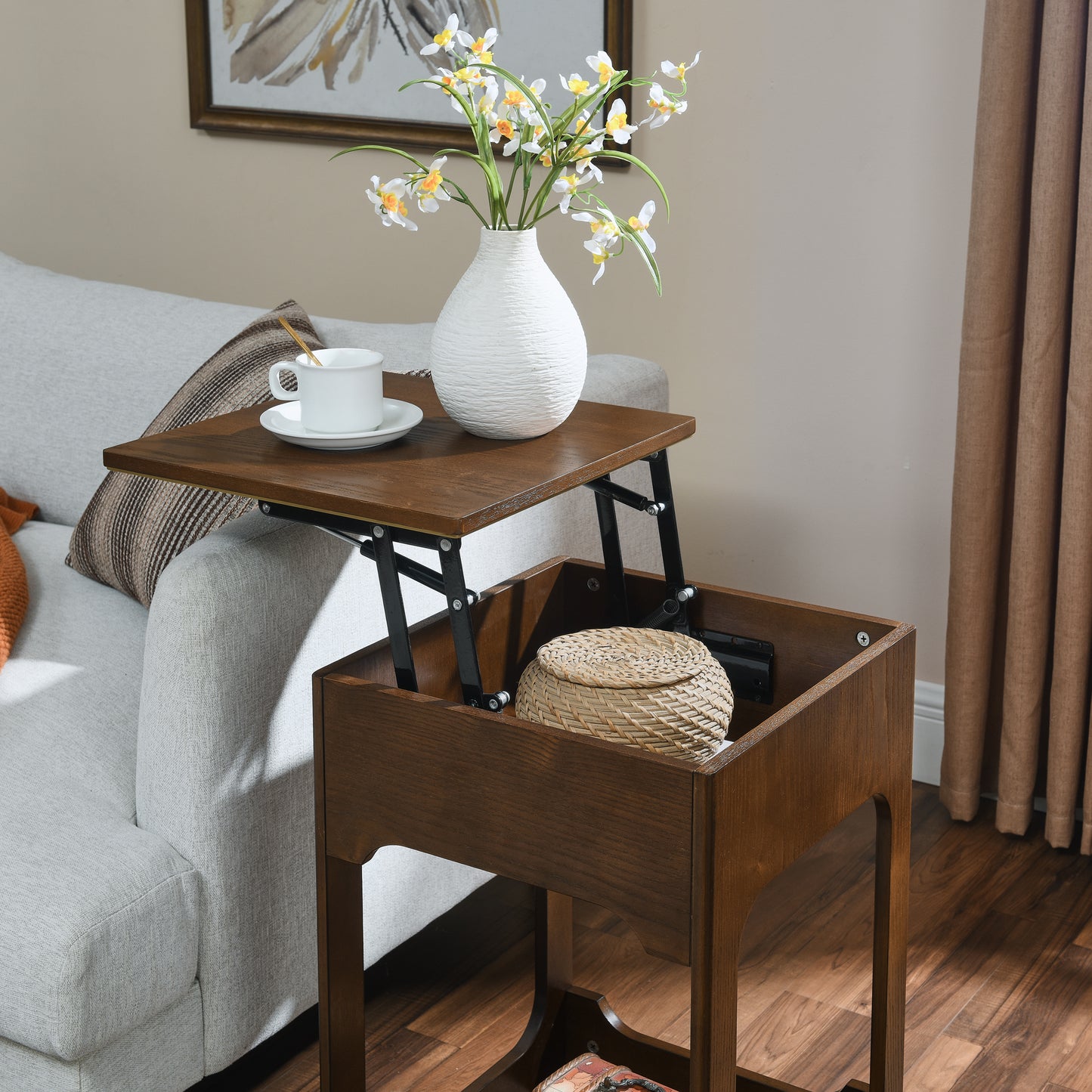 Lift top coffee table in dark brown wood with hidden storage compartment and a basket inside