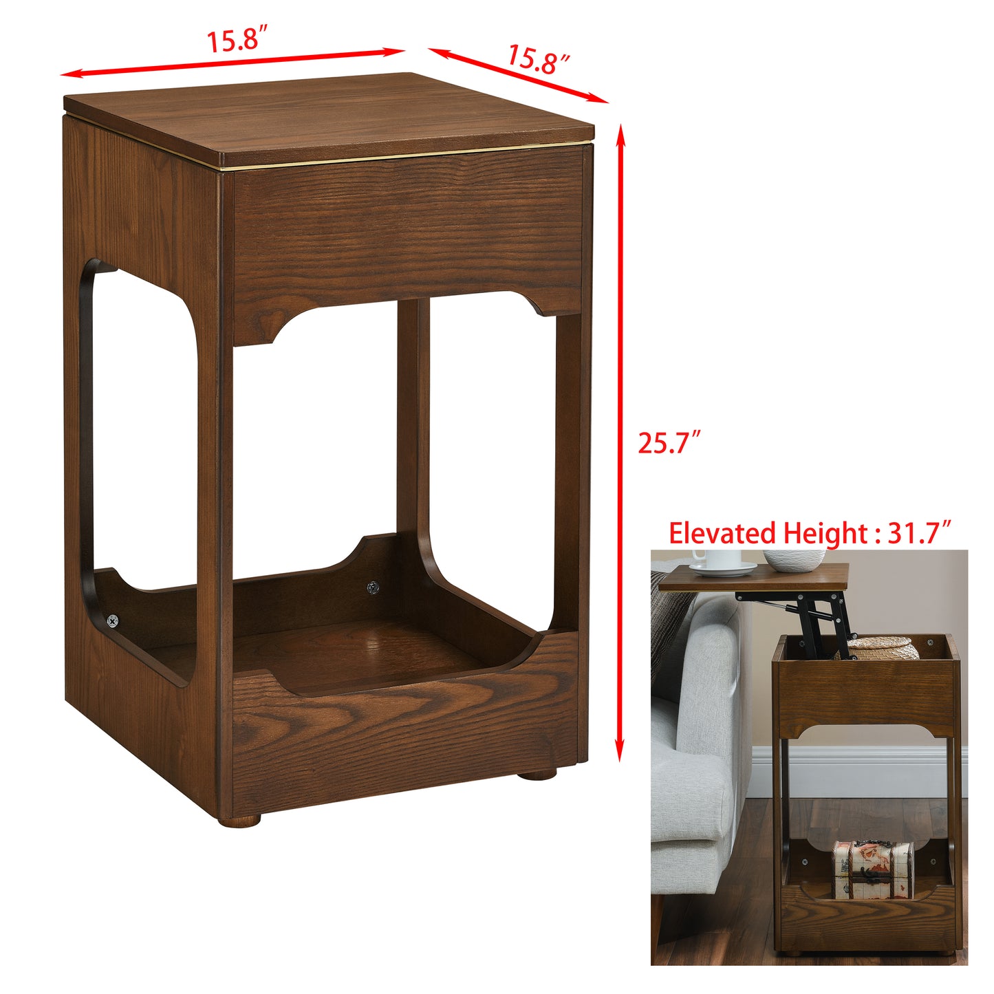 Dark wood lift top end table with ornate legs and storage bin
