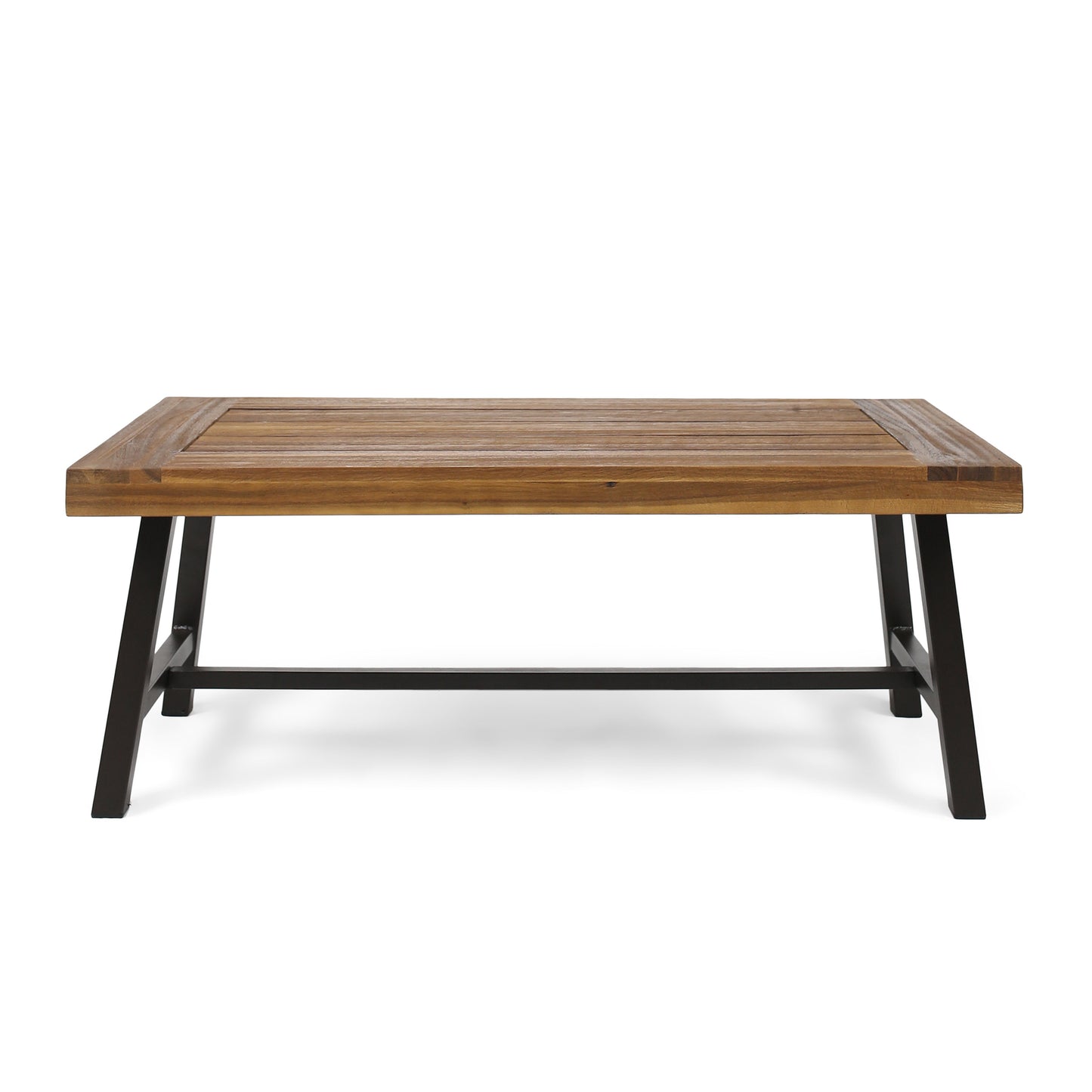 A rustic wooden coffee table with a slatted top and dark metal legs