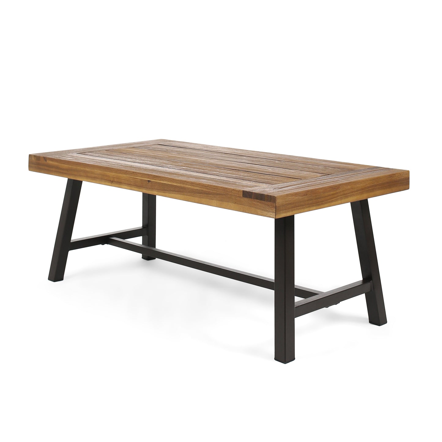 Rectangular wooden slatted coffee table with dark metal legs perfect for outdoor seating