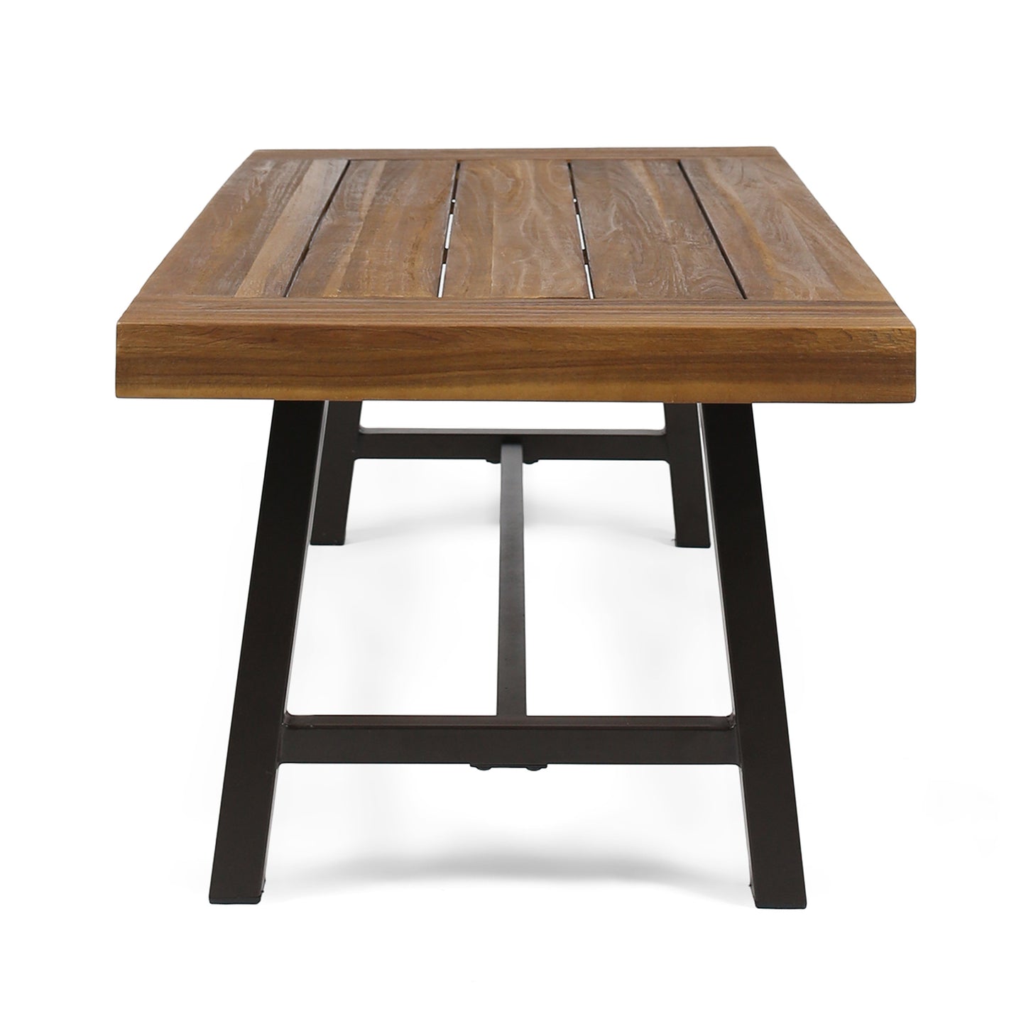 Rustic reclaimed wood coffee table with a dark metal frame perfect for modern living spaces